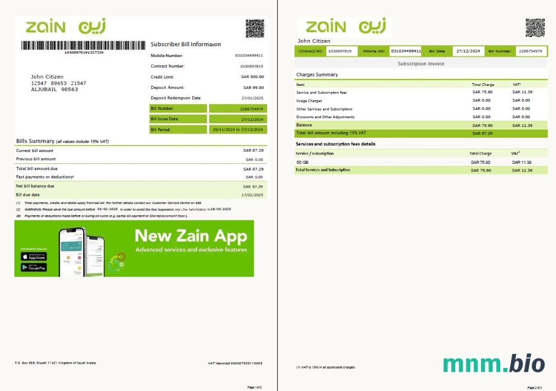 Arabia Saudyjska Zain szablon rachunku za media w formatach Word i PDF, 2 strony, Wersja 2